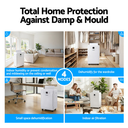 Dehumidifier with text 'Total Home Protection Against Damp & Mould' and images of its use in different rooms.