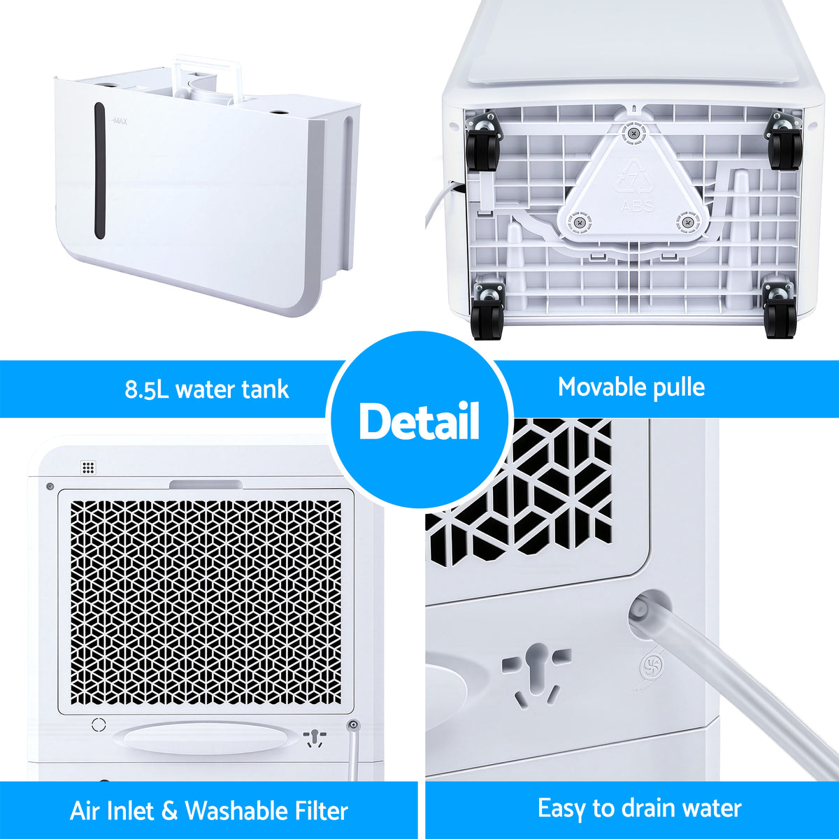 White air conditioning unit with features highlighted on a blue background