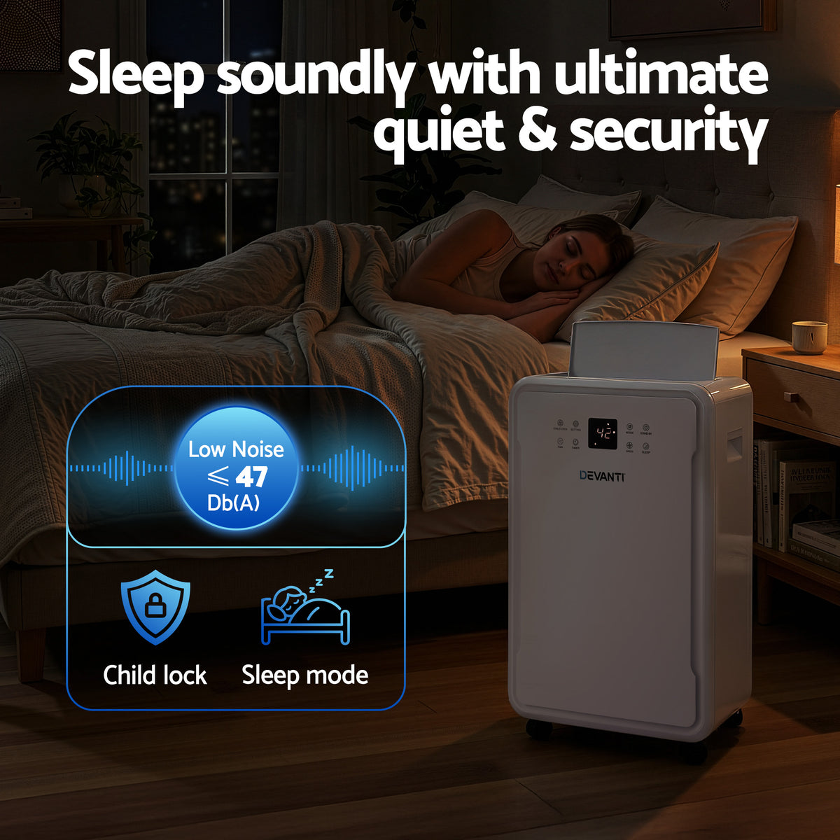Person sleeping in a bedroom with a De'Longhi air conditioner displaying features like low noise and child lock.