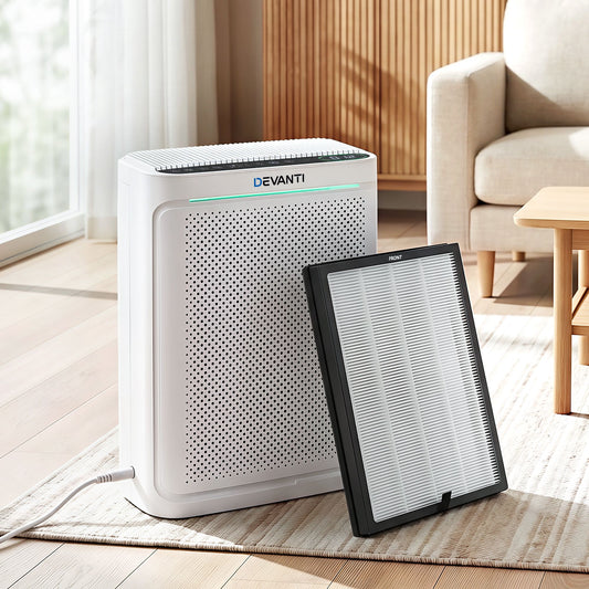 Devanti air purifier with a filter on a wooden floor in a living room.