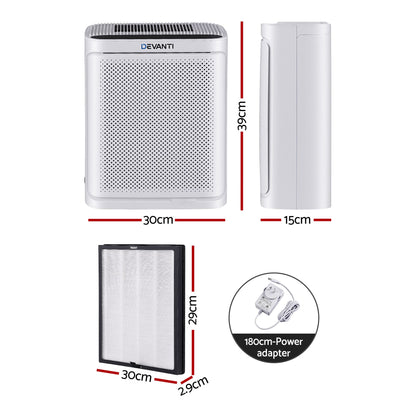 Devanti air purifier with dimensions and power adapter illustration on a white background