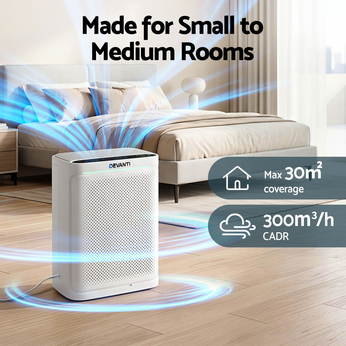 Air purifier on a wooden floor with bedroom background, highlighting its suitability for small to medium rooms.
