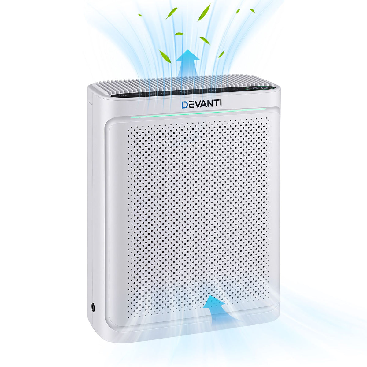 Devanti air purifier with air circulation graphics on a white background