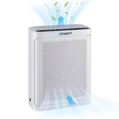 Devanti air purifier with air circulation graphics on a white background