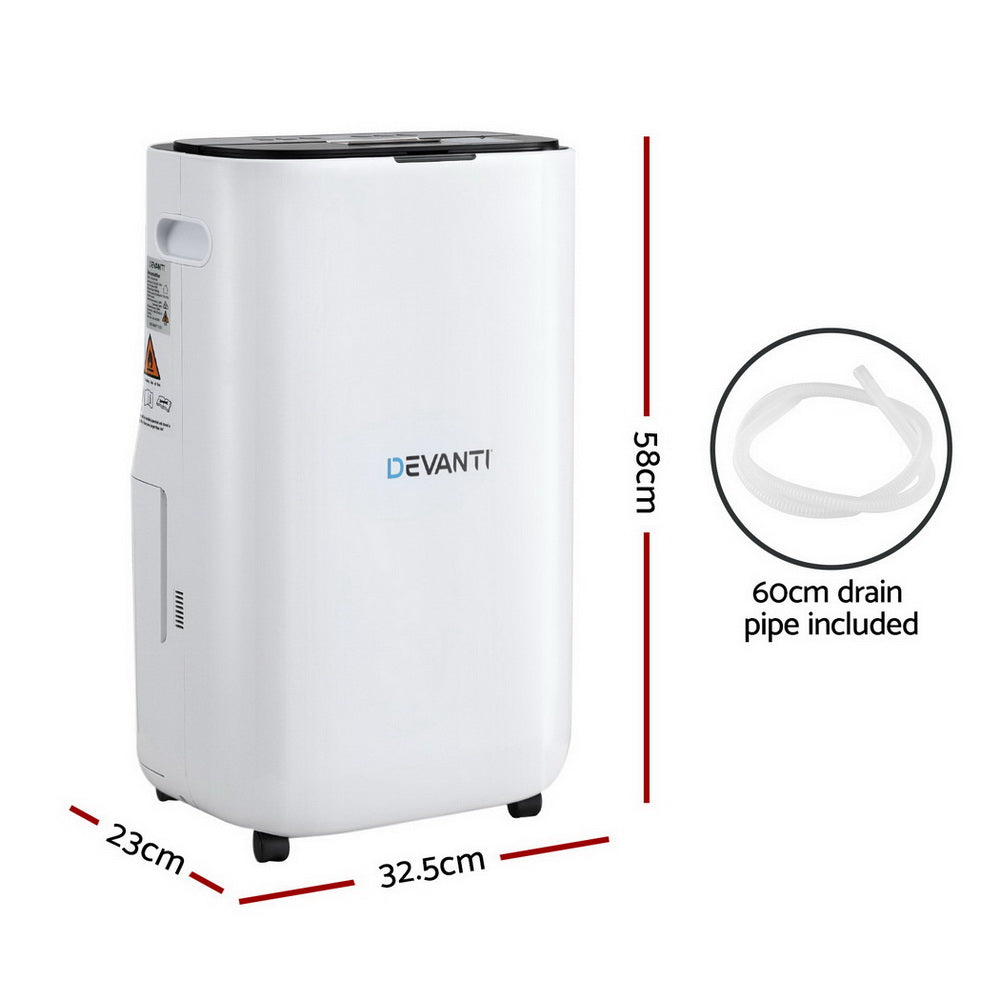 Devanti dehumidifier with dimensions and drain pipe information on a white background