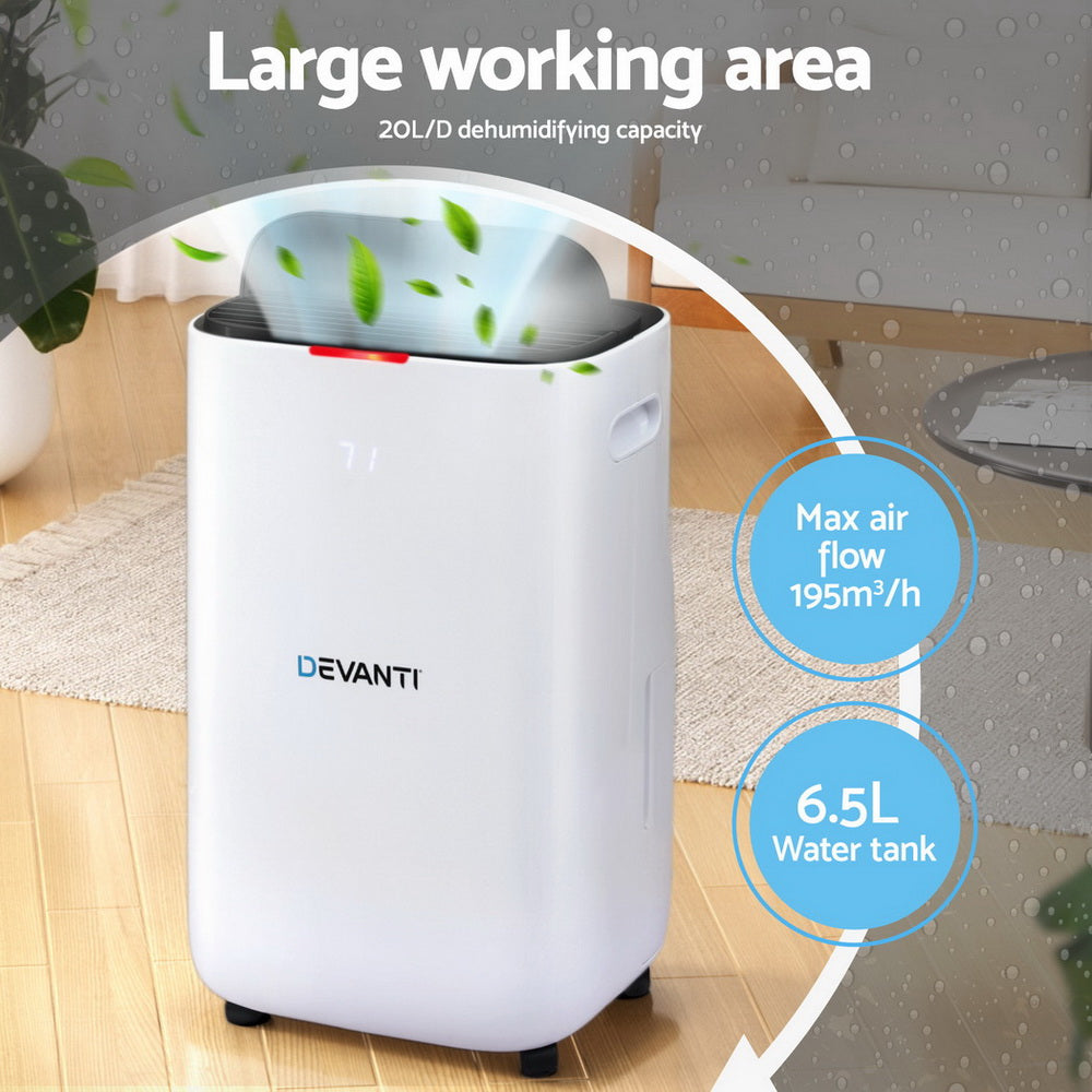 Devanti dehumidifier with features highlighted on a wooden floor