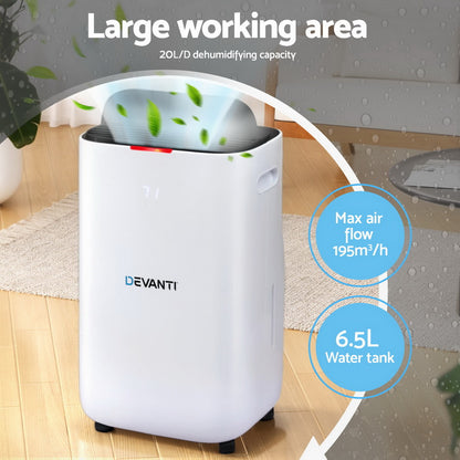 Devanti dehumidifier with features highlighted on a wooden floor