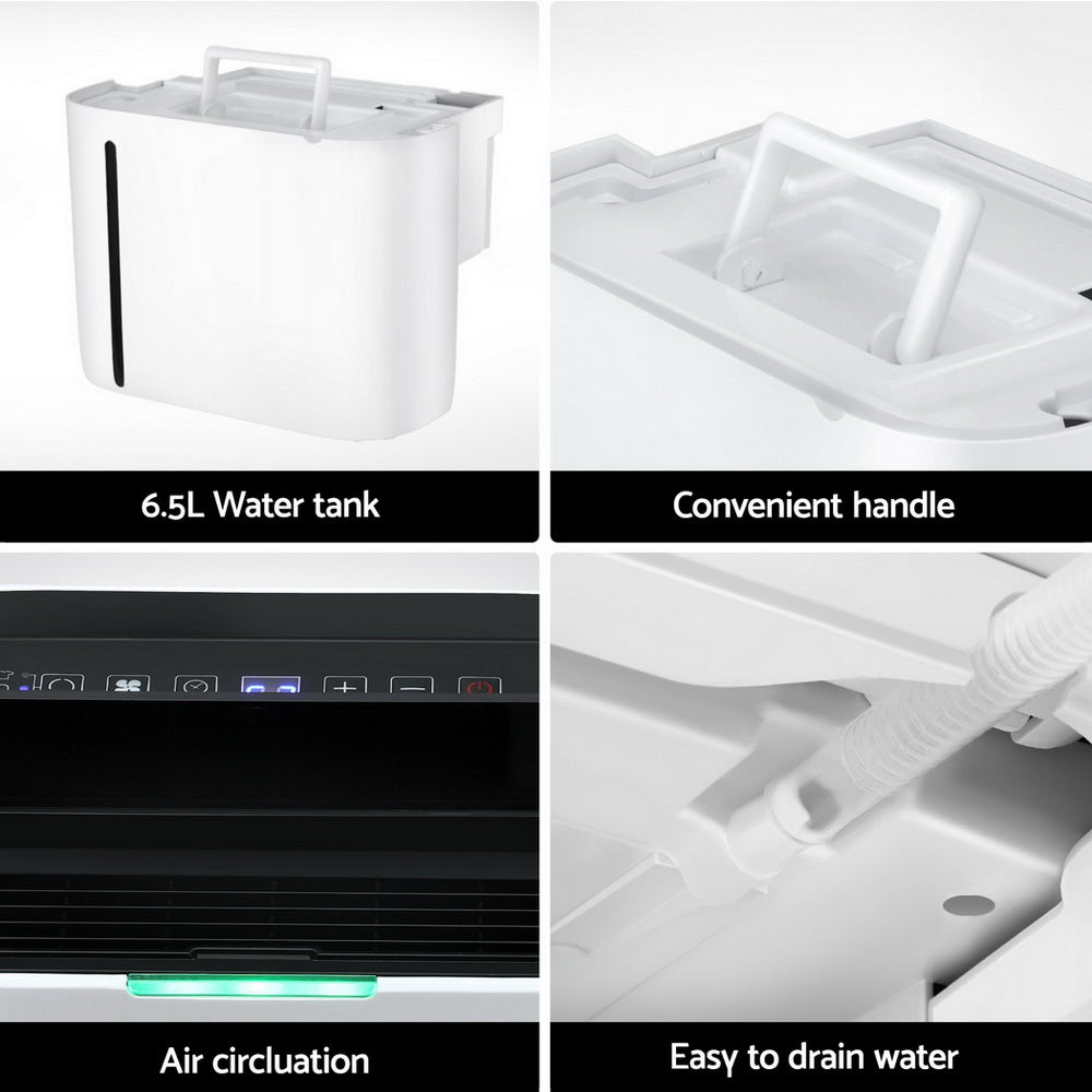 Collage of features including a 6.5L water tank, convenient handle, air circulation, and easy to drain water on a white background.