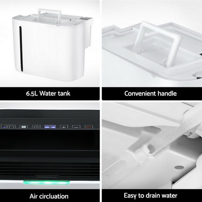 Collage of features including a 6.5L water tank, convenient handle, air circulation, and easy to drain water on a white background.