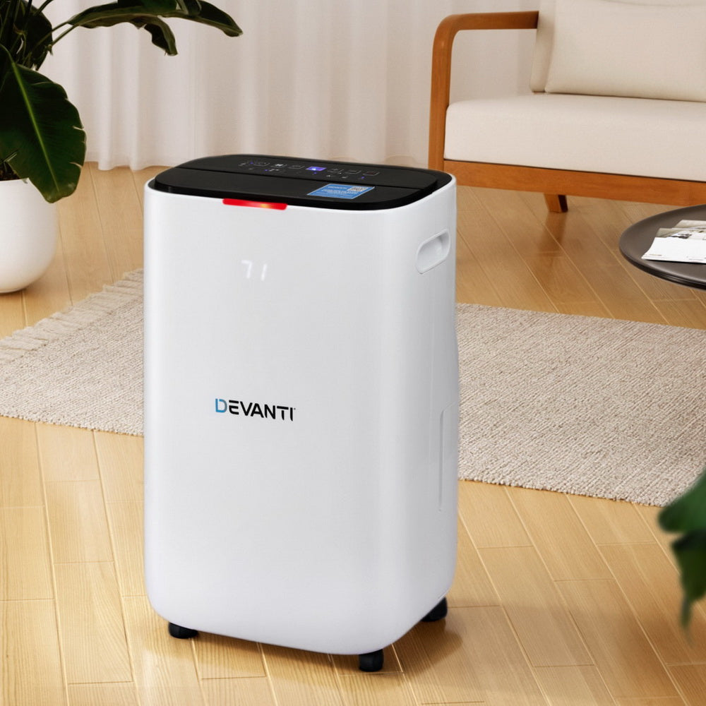 Devanti air purifier on a wooden floor in a living room setting