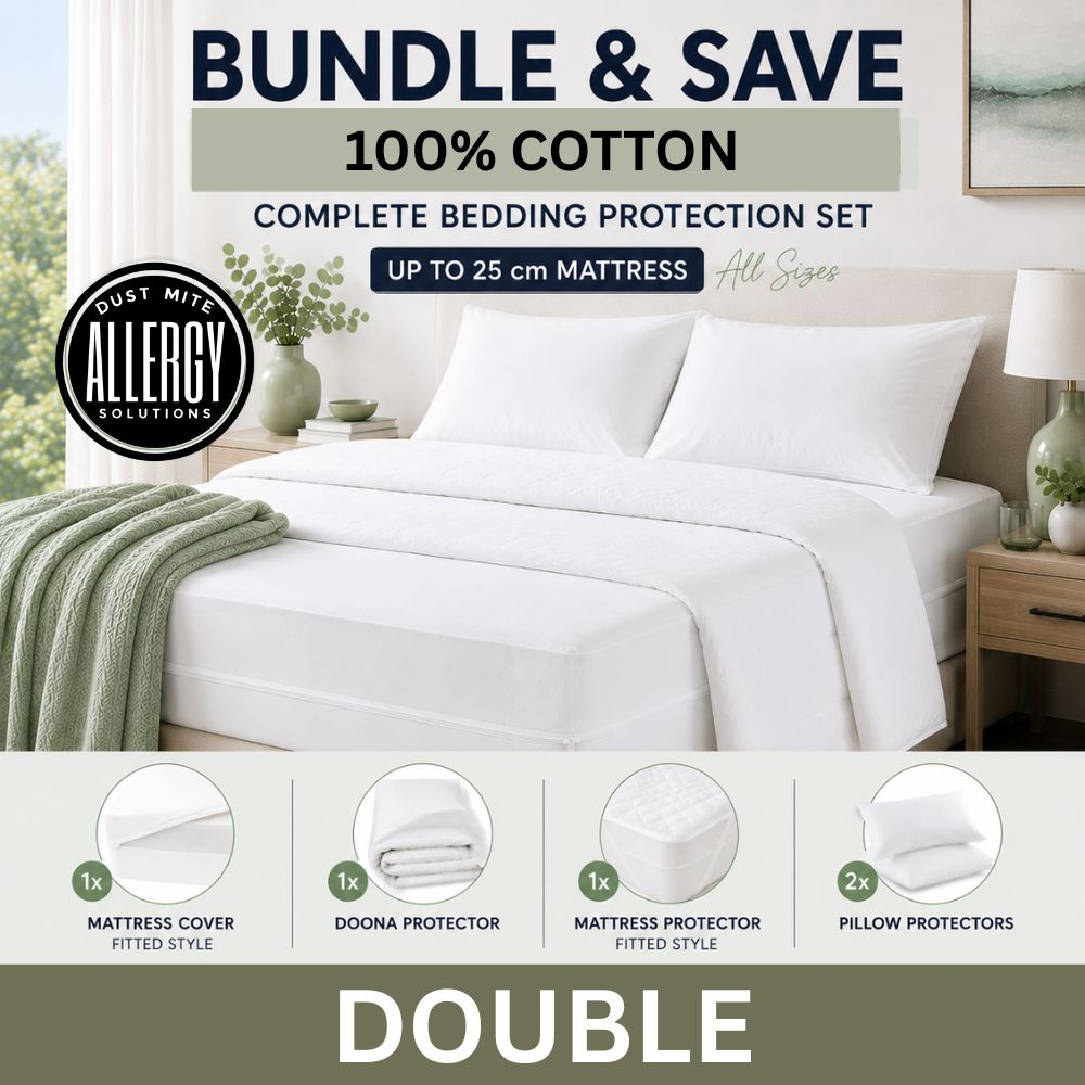 Double dust mite bedding protection set with mattress cover, doona protector, and pillow protectors in a bedroom setting.