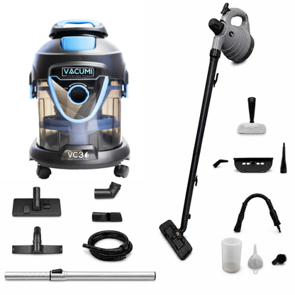Dust Mite Cleaning Bundle - HEPA Water filter vacuum Vacumi VC3 and dust mite steam cleaner Athena 1 with all the attachments. Available at Dust Mite Allergy Solutions Australia