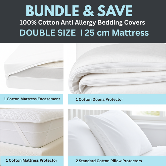 Dust Mite Covers for Bed Complete Set | 100% Cotton | Double Size | 25cm Mattress
