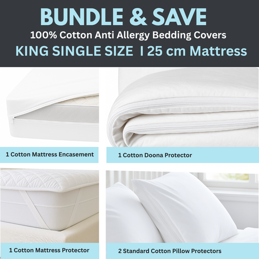 Dust Mite Covers for Bed Complete Set | 100% Cotton | King Single Size | 25cm Mattress