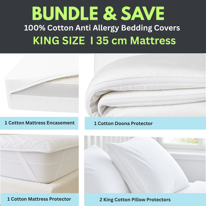 Dust Mite Covers for Bed Complete Set | 100% Cotton | KING SIZE | 35cm Mattress
