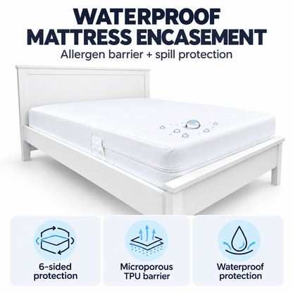 White mattress encasement shown on a bed frame with large text reading 'WATERPROOF MATTRESS ENCASEMENT' and three feature icons below for 6-sided protection, microporous TPU barrier, and waterproof protection.