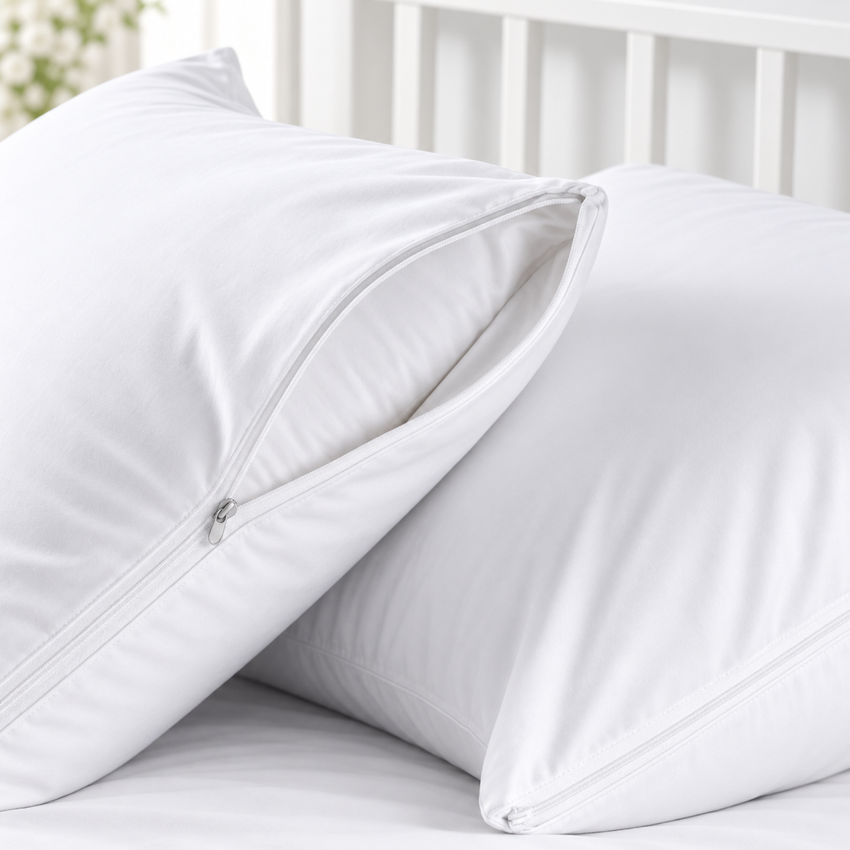 Two white zippered dust mite pillow protectors on a bed, one partly unzipped