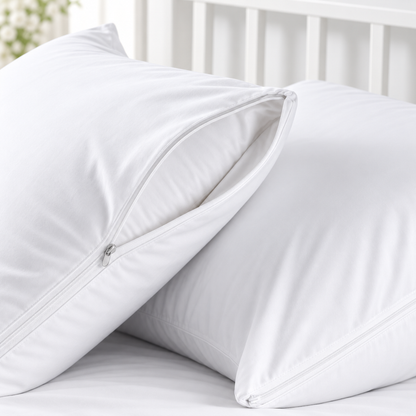 Two white zippered dust mite pillow protectors on a bed, one partly unzipped