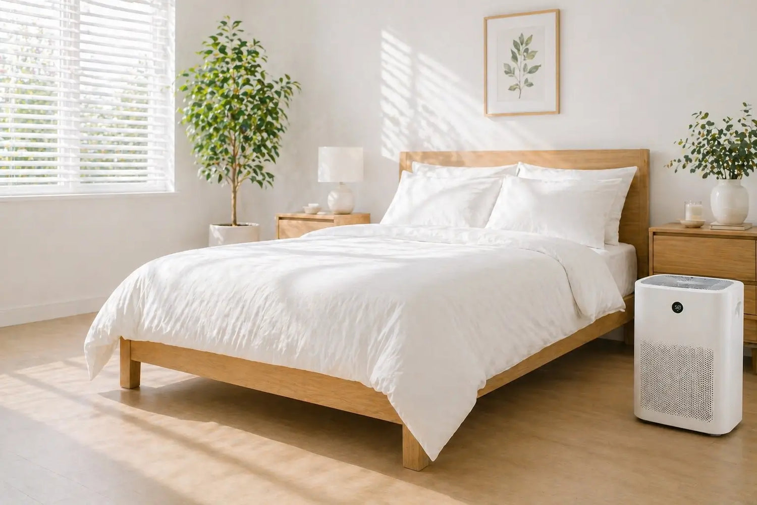 To create a low allergen bedroom, cover the bed with dust mite protectors