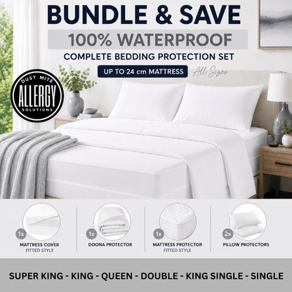 Waterproof dust mite bedding bundle for mattresses up to 24cm, Single to Super King: encasement, doona protector, slip-on protector, 2 pillow protectors