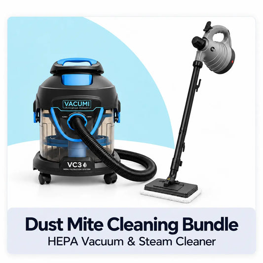A HEPA vacuum cleaner and steam cleaner dust mite cleaning bundle on a white background with a light blue graphic accent. Dust Mite Allergy Solutions Australia. 