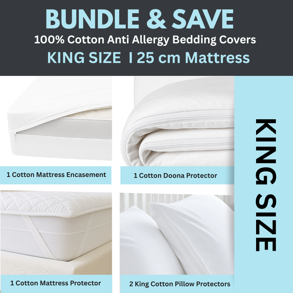 King size dust mite allergy mattress cover bundle with encasement, doona protector, mattress protector, and pillow protectors on a white background - sold by Dust Mite Allergy Solutions Australia