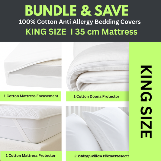 Dust Mite Covers for Bed Complete Set | 100% Cotton | KING SIZE | 35cm Mattress