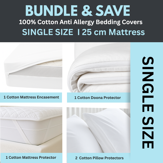 100% cotton mattress cover and pillow protectors shown in clean, bright bedroom | Dust Mite Allergy Solutions Australia
