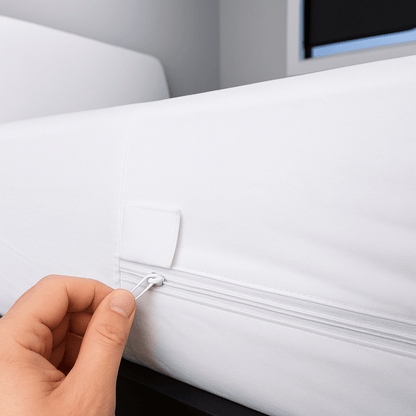 Hand zipping a white mattress cover with a neutral background
