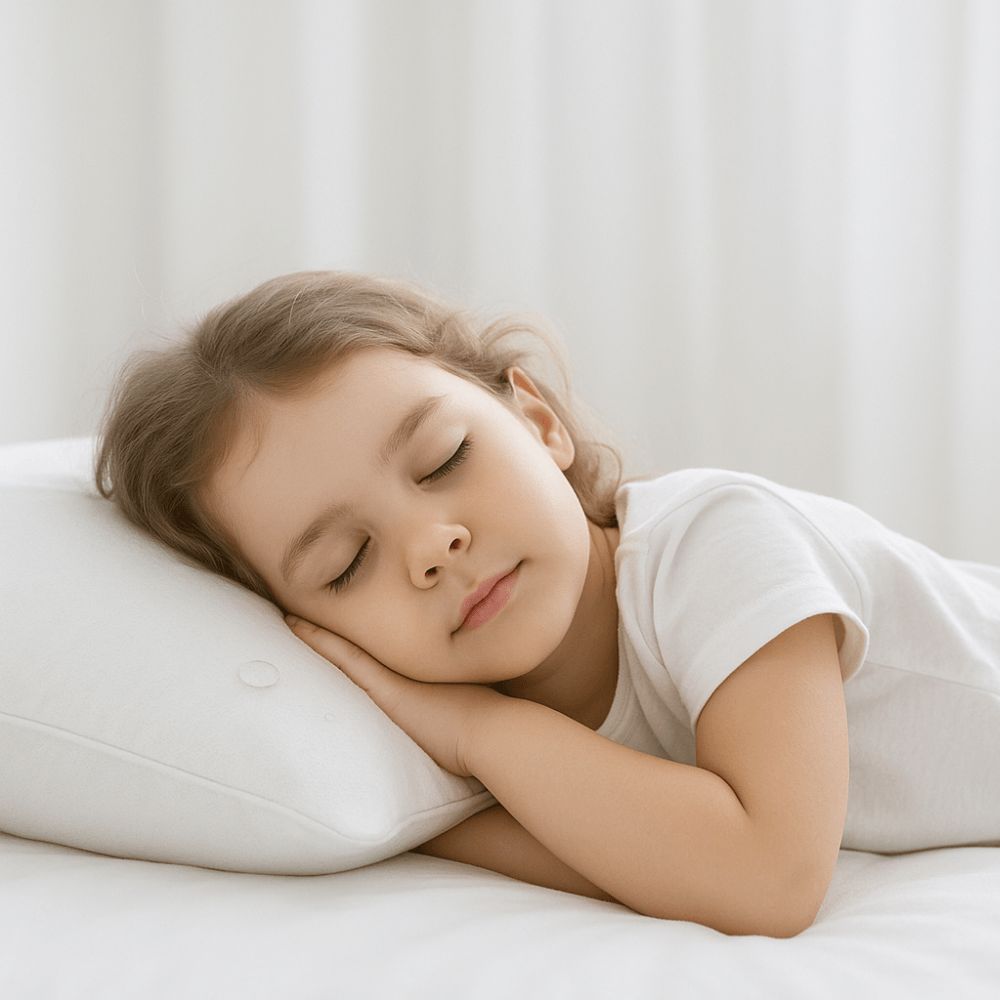 Young girl sleeping peacefully on a white pillow with a light background