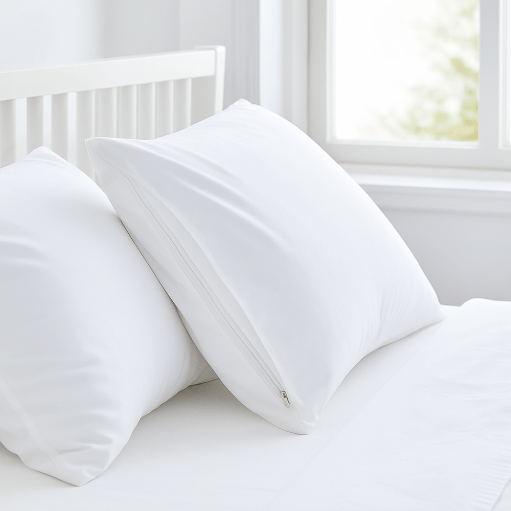 White pillow protectors for dust mite protection on a bed in a bright bedroom