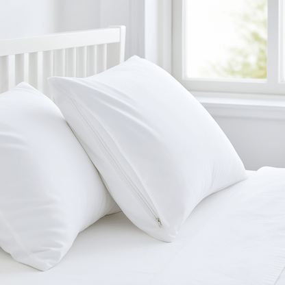 White pillow protectors for dust mite protection on a bed in a bright bedroom