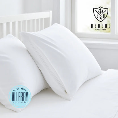 White pillows on a bed with 'Bedbug Wholesale' logo in the corner. Dust Mite Covers for Bed Complete Set 