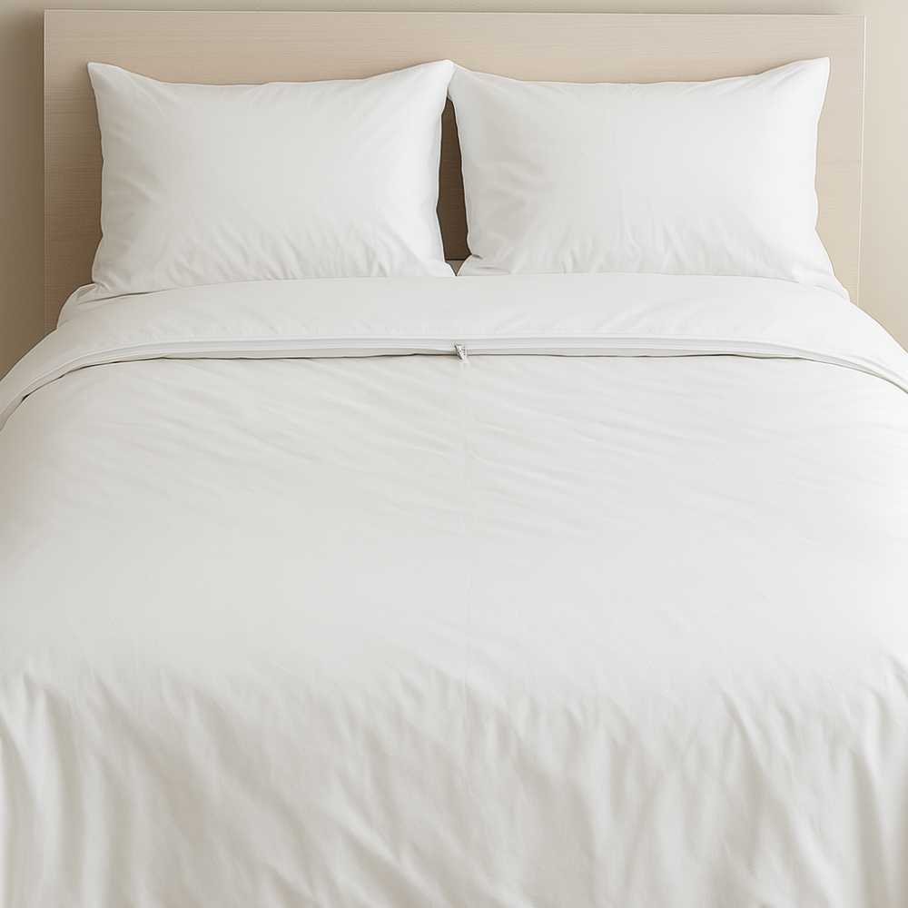 Neatly made bed with white bedding and pillows against a beige headboard. Dust Mite Covers for Bed Complete Set | Waterproof | 18-24 cm Mattress