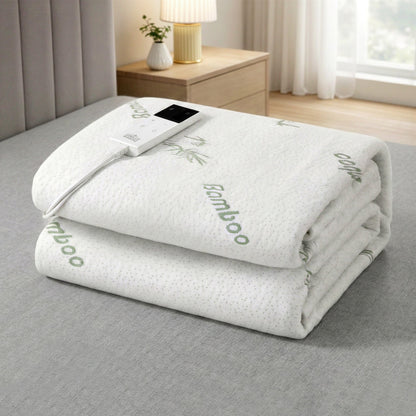 Electric blanket with controller on a bed in a bedroom setting. bamboo electric blanket fitted heated underlay single bed Dust Mite Allergy Solutions Australia