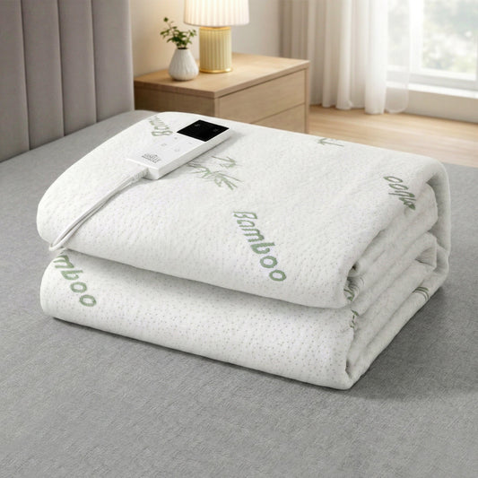 Electric blanket with controller on a bed in a bedroom setting. bamboo electric blanket fitted heated underlay single bed Dust Mite Allergy Solutions Australia