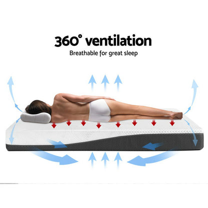 Mattress with 360-degree ventilation system and a person lying on it, showing air flow.