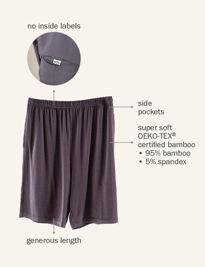 Feature graphic of dark gray organic bamboo shorts — OEKO-TEX certified, side pockets, no inside labels, generous length