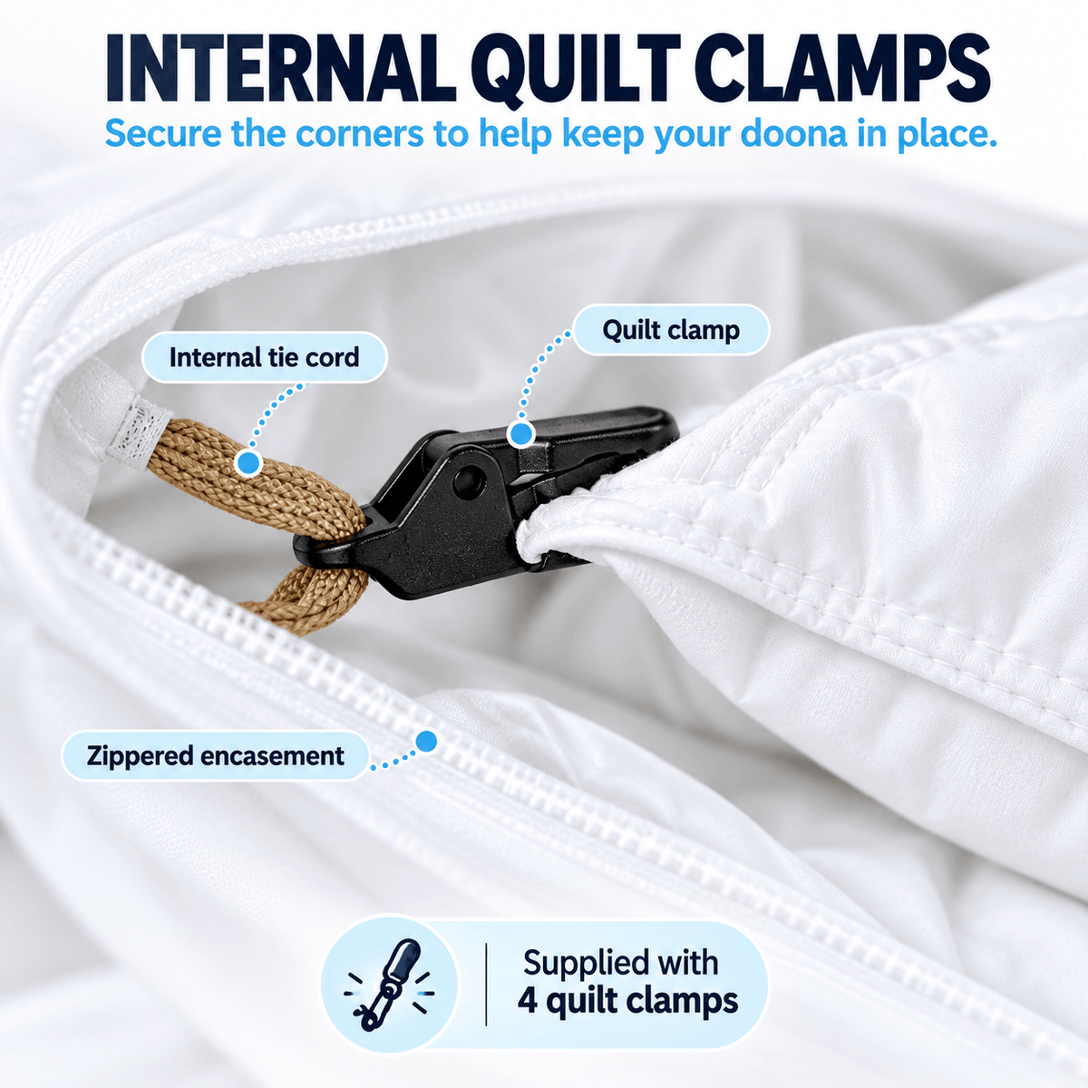 Internal quilt clamps and tie cords inside a zippered doona protector hold the quilt corners in place; 4 clamps supplied