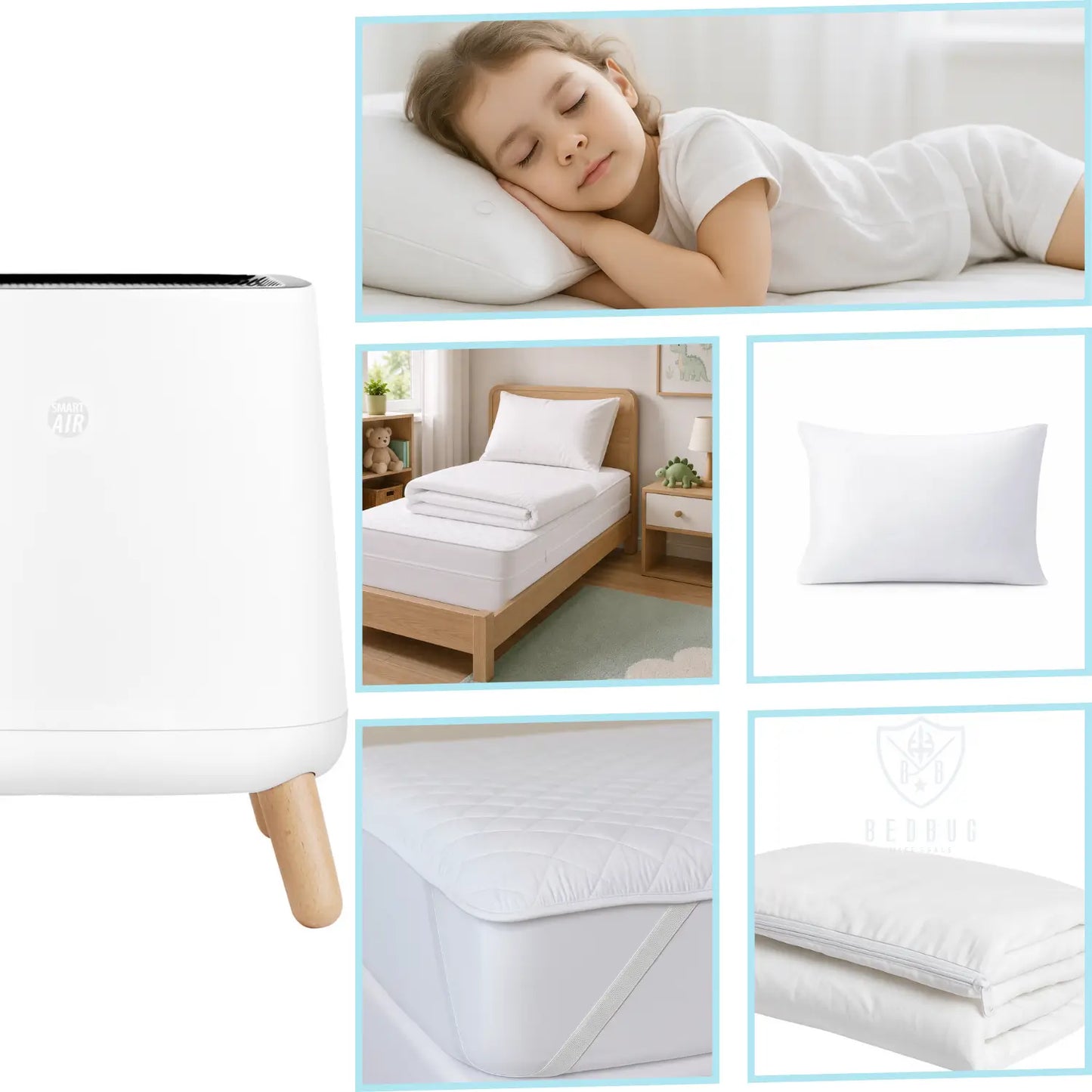 Kids dust mite bundle for single beds: 100% cotton mattress, pillow & doona encasements plus a HEPA air purifier. Save $50 vs buying separately. AU.
