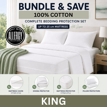 King size dust mite Complete bedding protection set with mattress cover, doona protector, and pillow protectors on a bed in a bedroom setting.