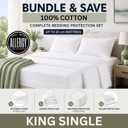 King Single dust mite bedding protection set with mattress cover, doona protector, and pillow protectors on a bed in a bedroom setting.