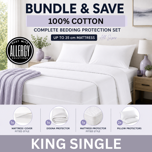 King Single Size dust mite Complete bedding protection set with mattress cover, doona protector, and pillow protectors on a bed.