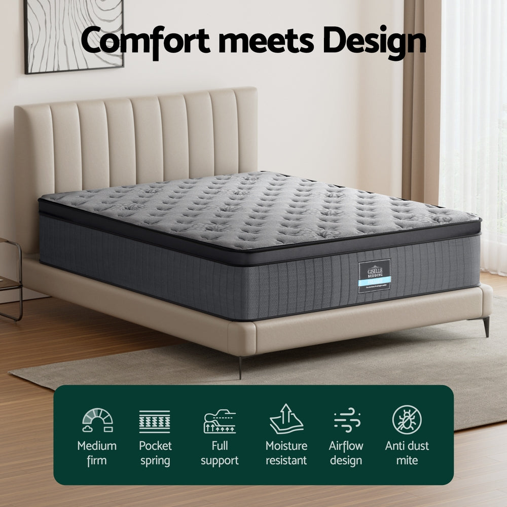 Giselle Bedding Solene Series 34cm Euro Top Mattress with medium-firm support, pocket springs, gel memory foam & hypoallergenic materials. Breathable & durable!