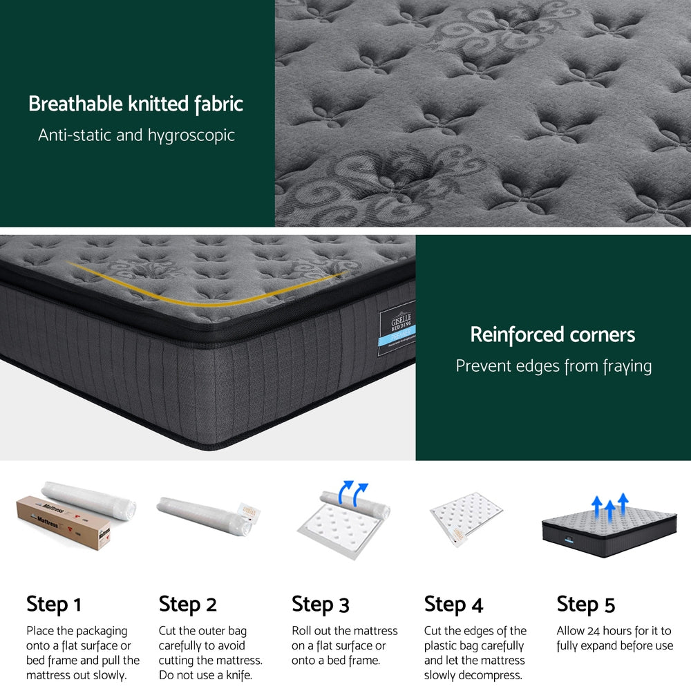 Giselle Bedding Solene Series 34cm Euro Top Mattress with medium-firm support, pocket springs, gel memory foam & hypoallergenic materials. Breathable & durable!