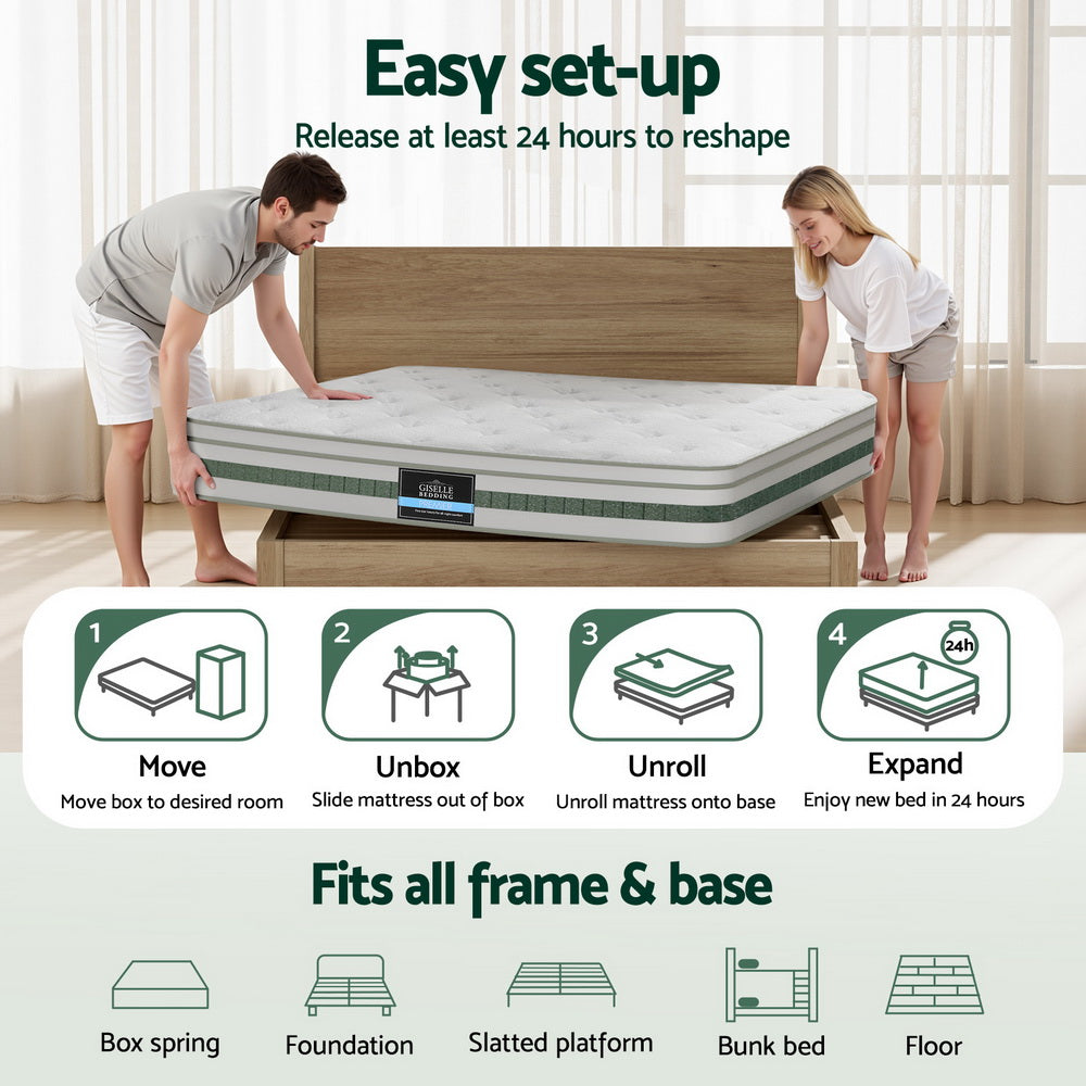 Two people setting up a mattress with instructions on how to use it.