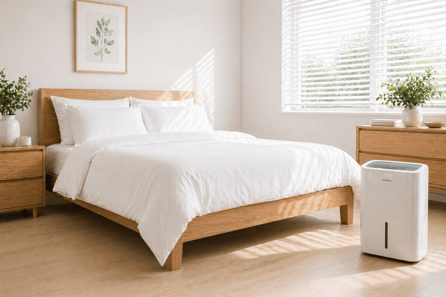 Bedroom with wooden bed, white bedding, and a dehumidifier on a wooden floor.