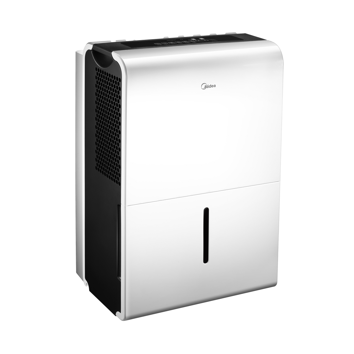 A white and black dehumidifier by Midea, shown from a three-quarter angle on a solid white background.