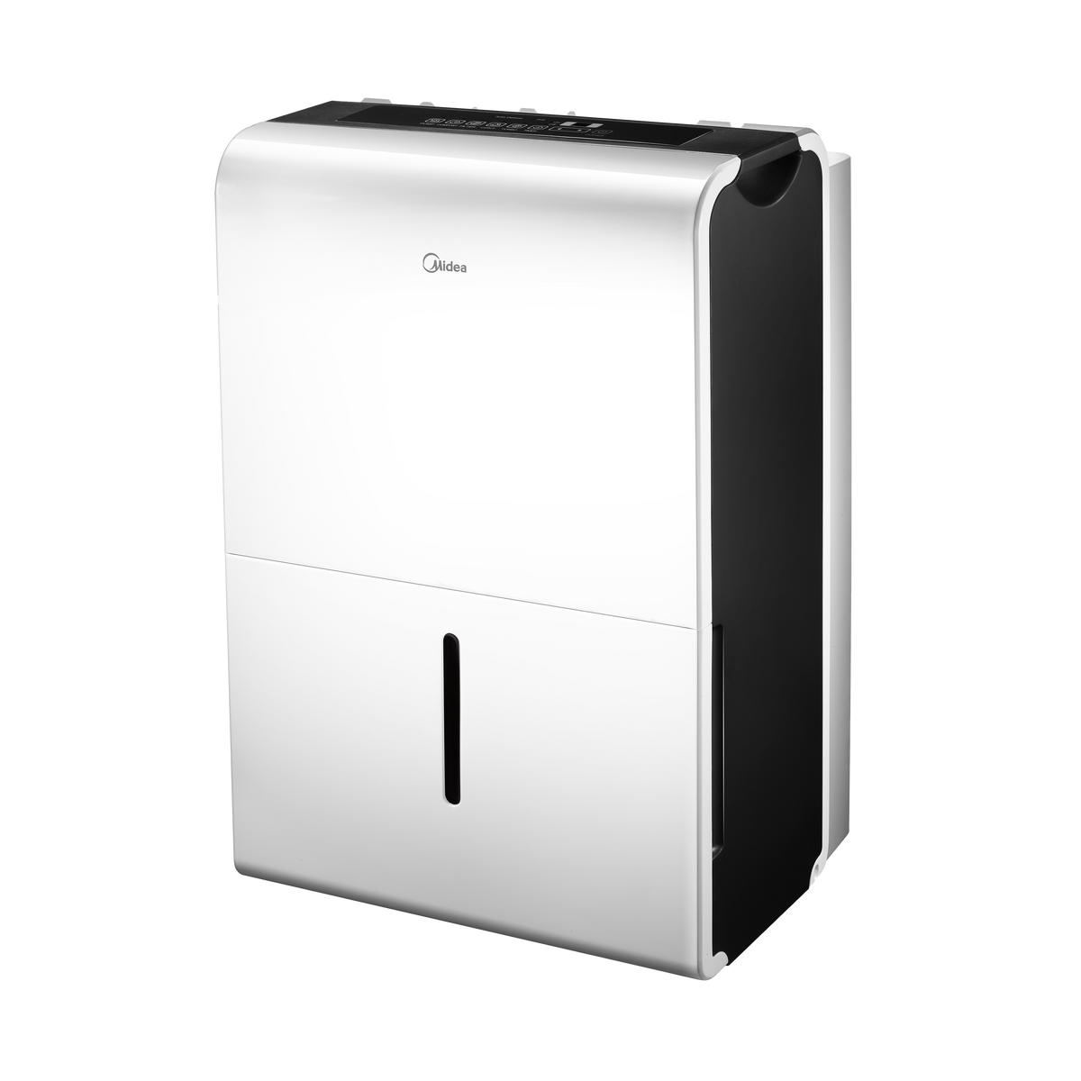 A compact dehumidifier by Midea, featuring a white and silver metallic front panel with a vertical black handle cutout, a black top control panel, and a black side panel, shown on a solid white background.