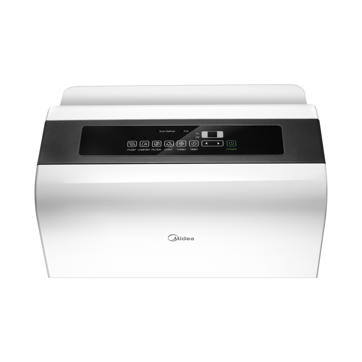 A Midea portable air conditioner or heater shown from the front on a solid white background. The device has a white body with a black control panel on top.